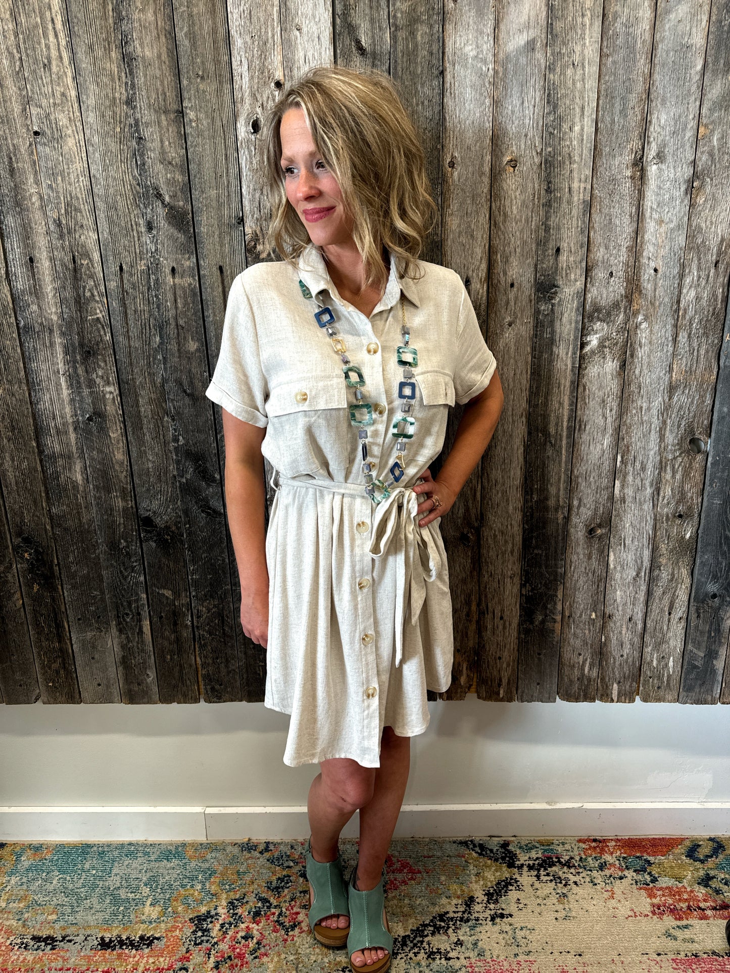 Natural Front Tie Button Up Dress