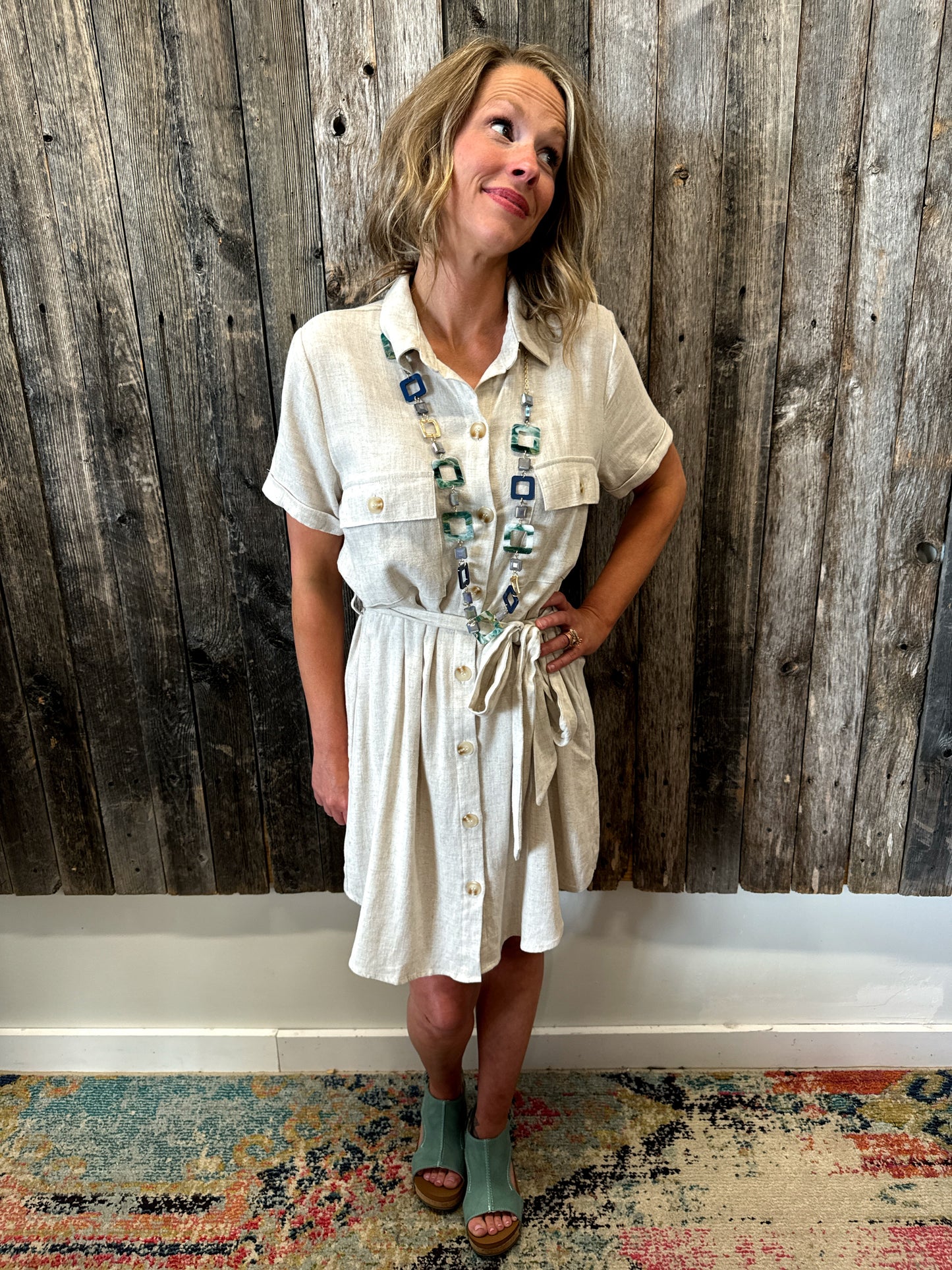 Natural Front Tie Button Up Dress