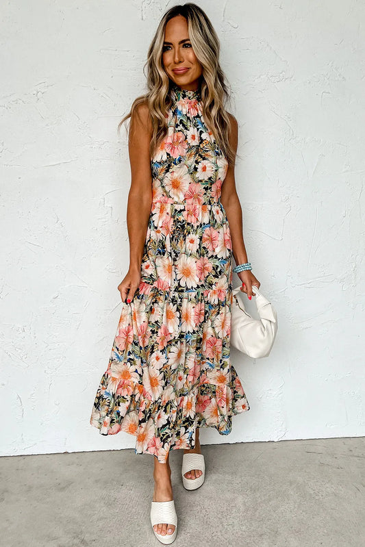 Floral Knotted Halter Ruffle Maxi