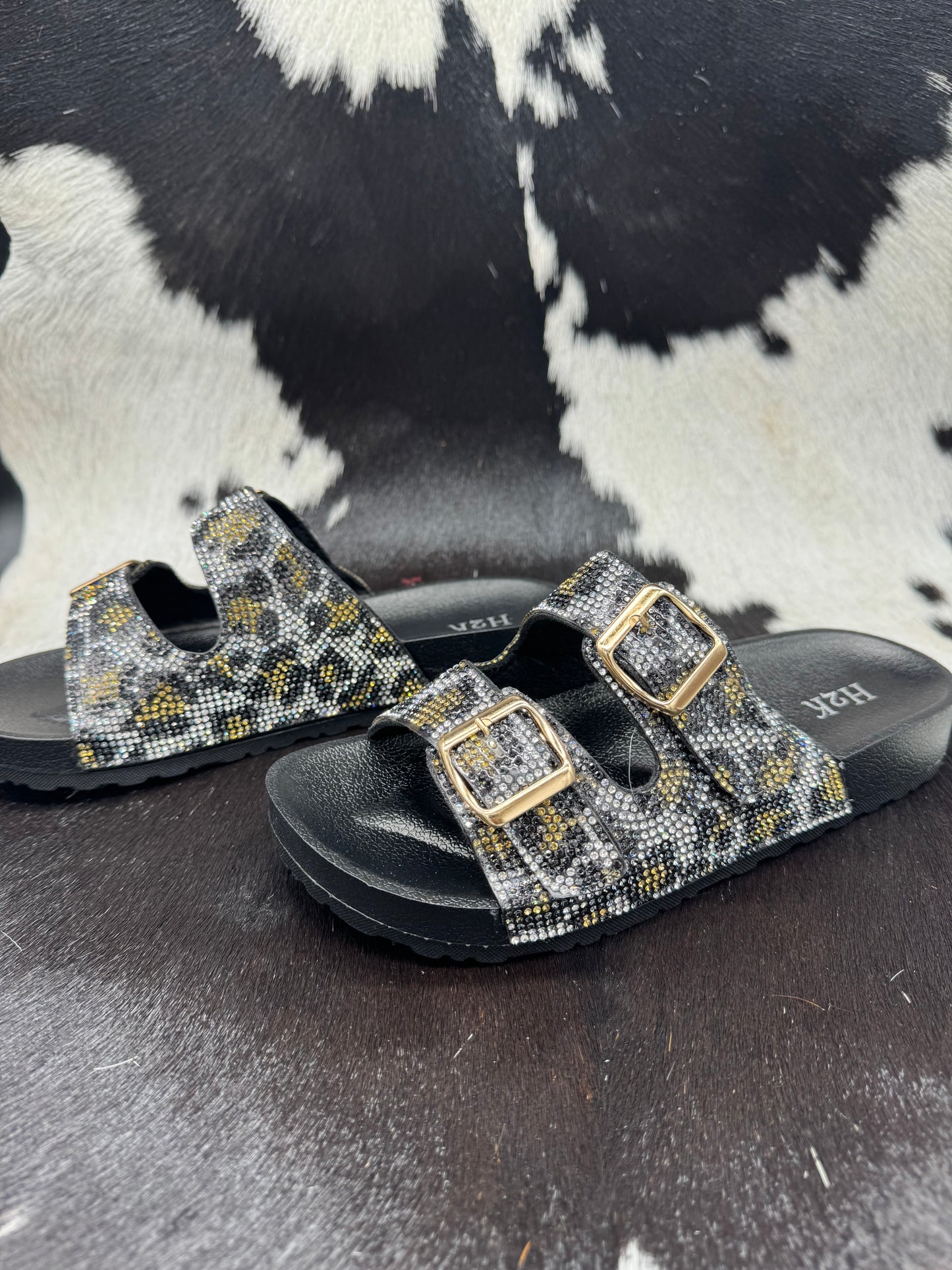 Black Leopard Rhinestone Sandals
