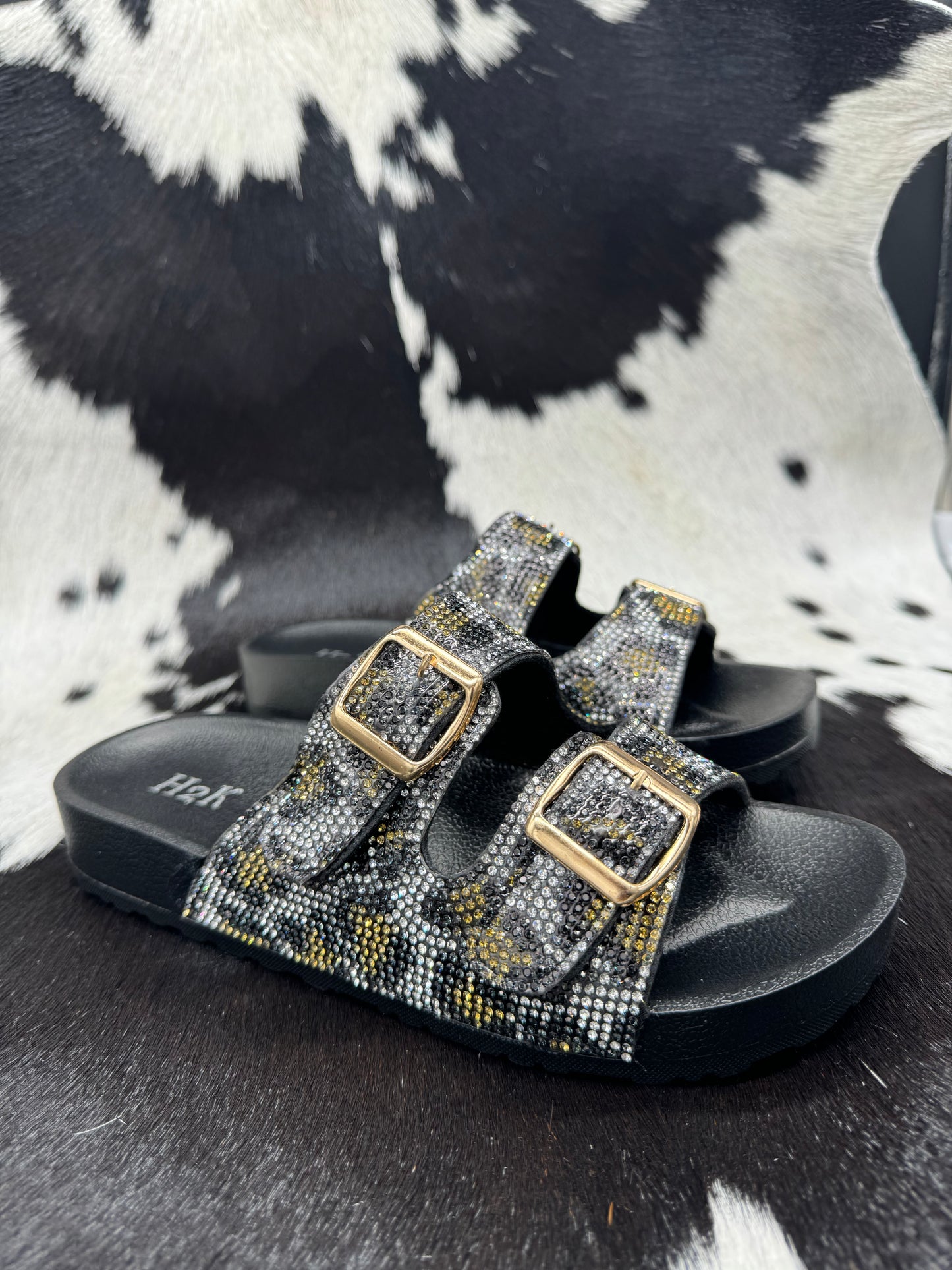 Black Leopard Rhinestone Sandals