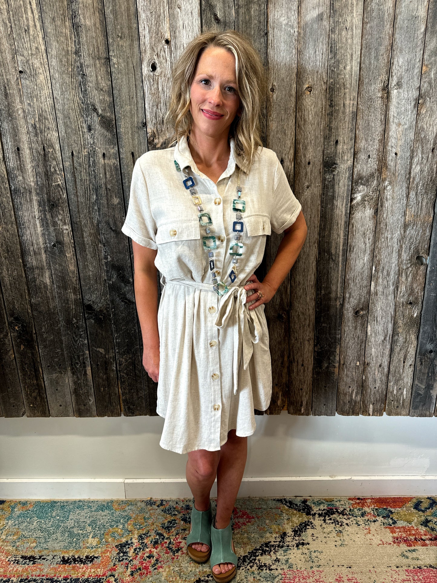 Natural Front Tie Button Up Dress