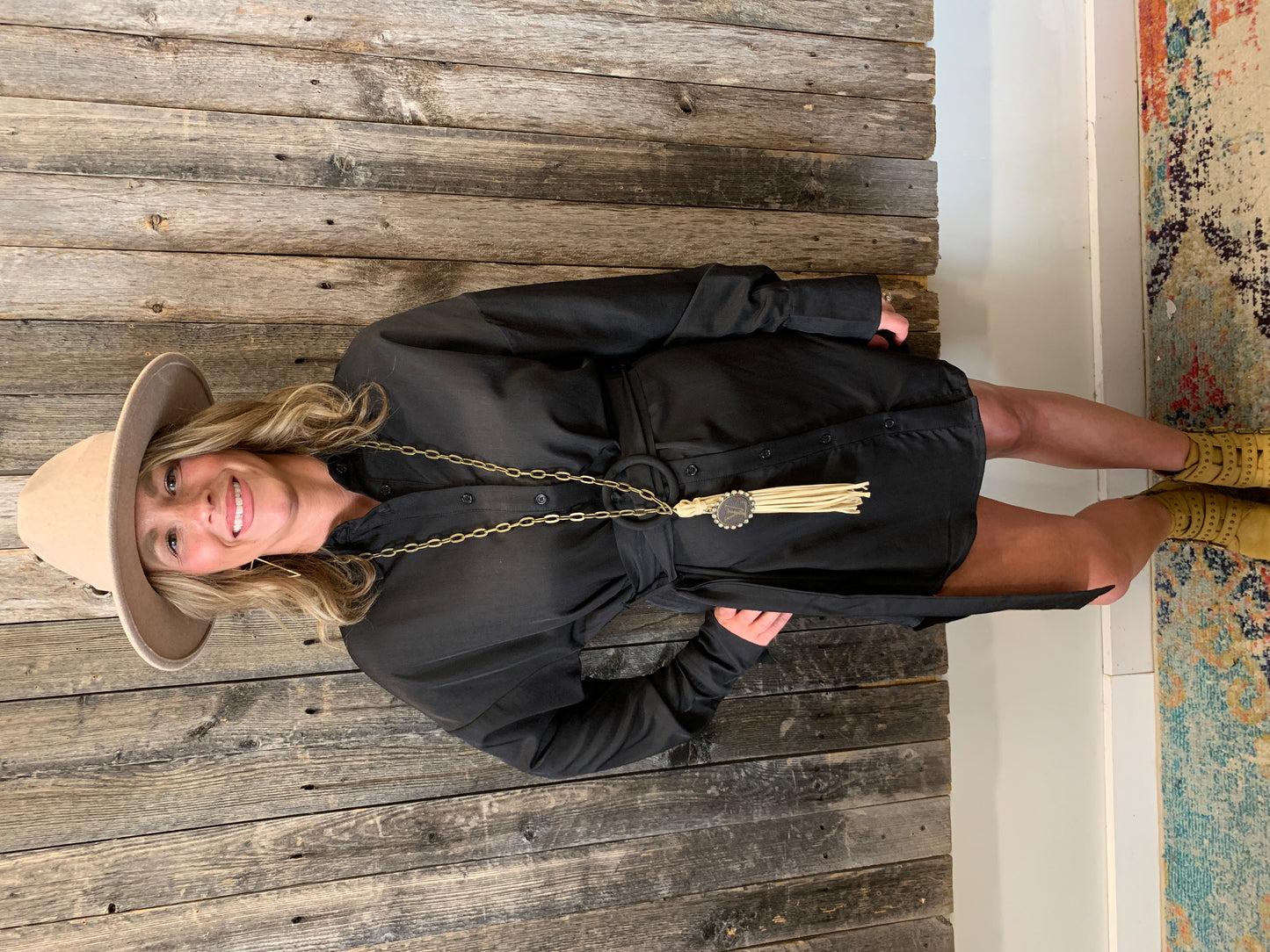 Black Belted Button Up Dress