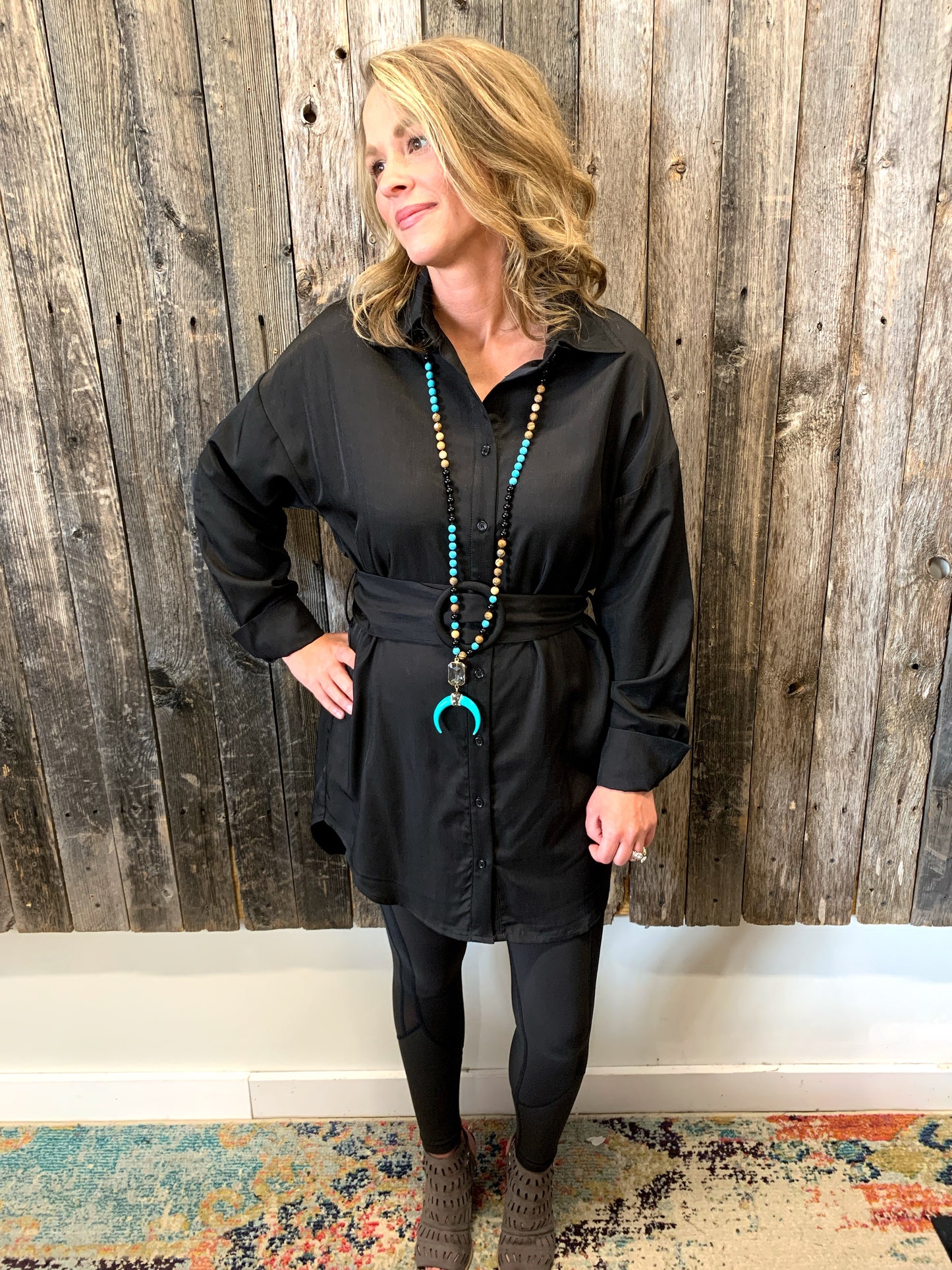 Black Belted Button Up Dress