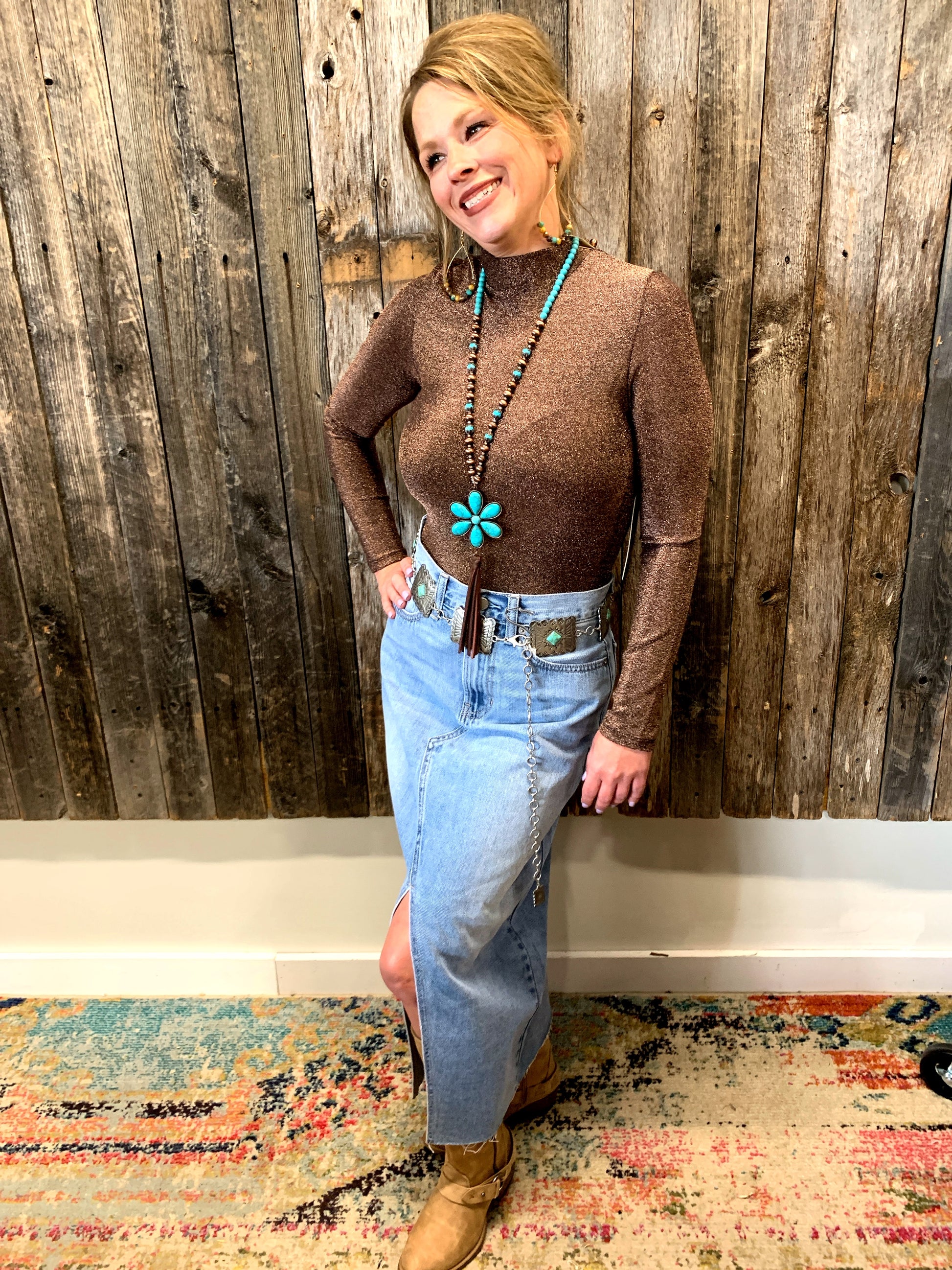 Mock Neck Glimmer Body Suit Kickin Colt Boutique