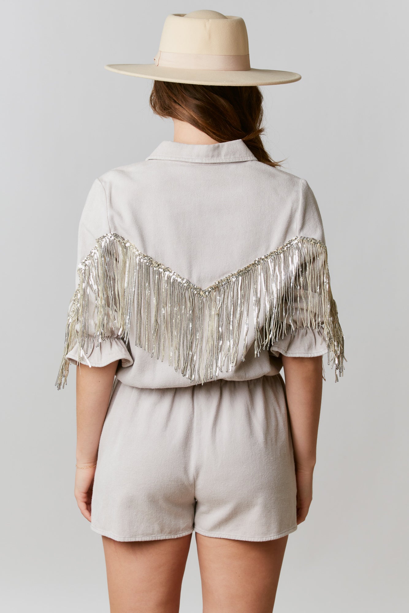 Sequin Fringe Denim Romper Kickin Colt Boutique