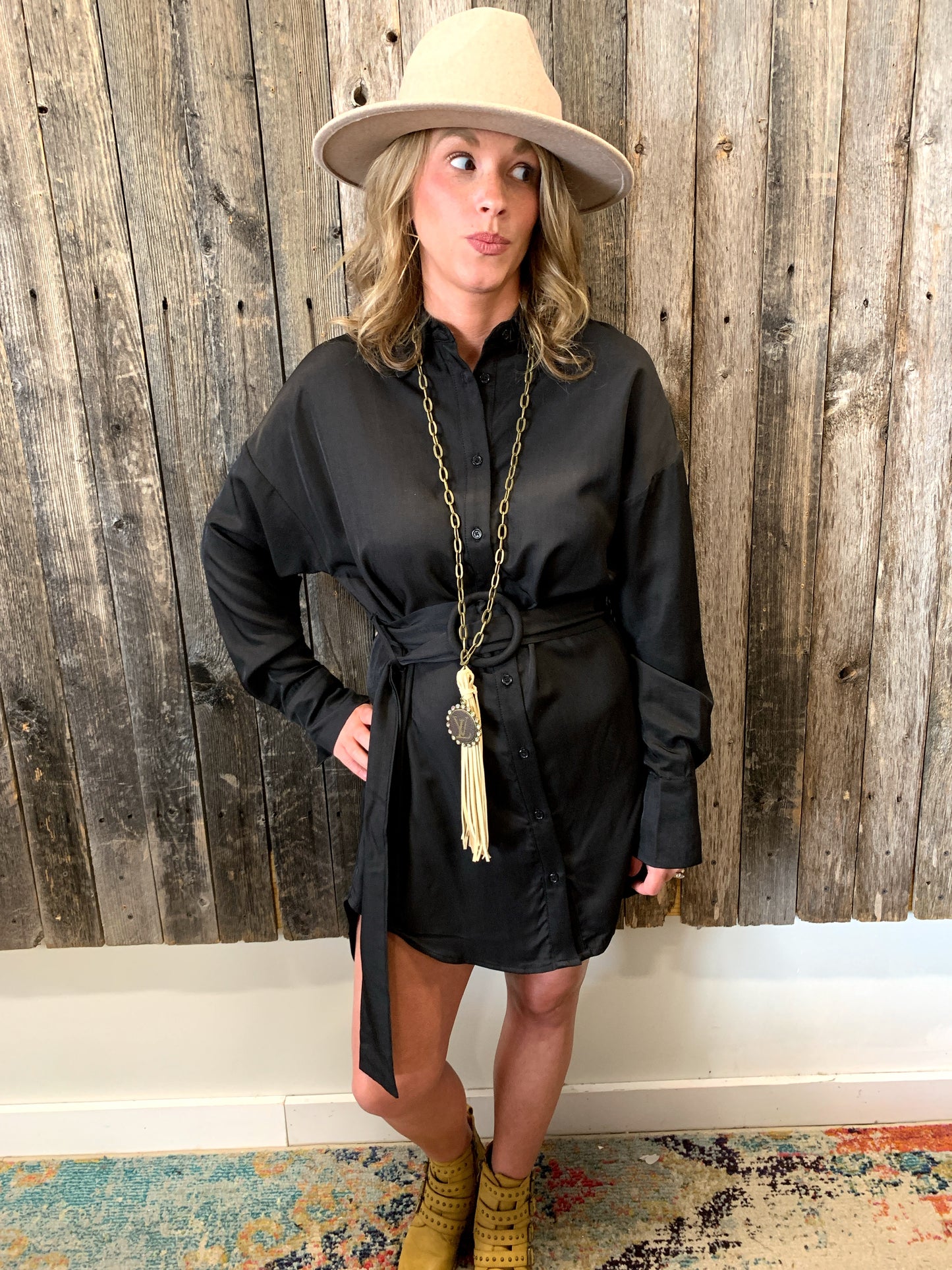 Black Belted Button Up Dress